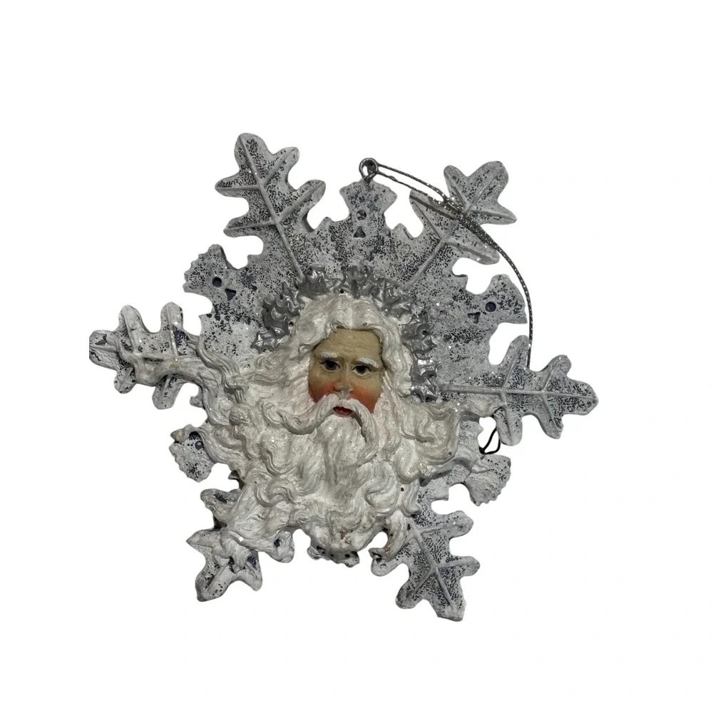 Vintage Style Santa Claus Snowflake Ornament Resin Silver White Blue Glitter 5